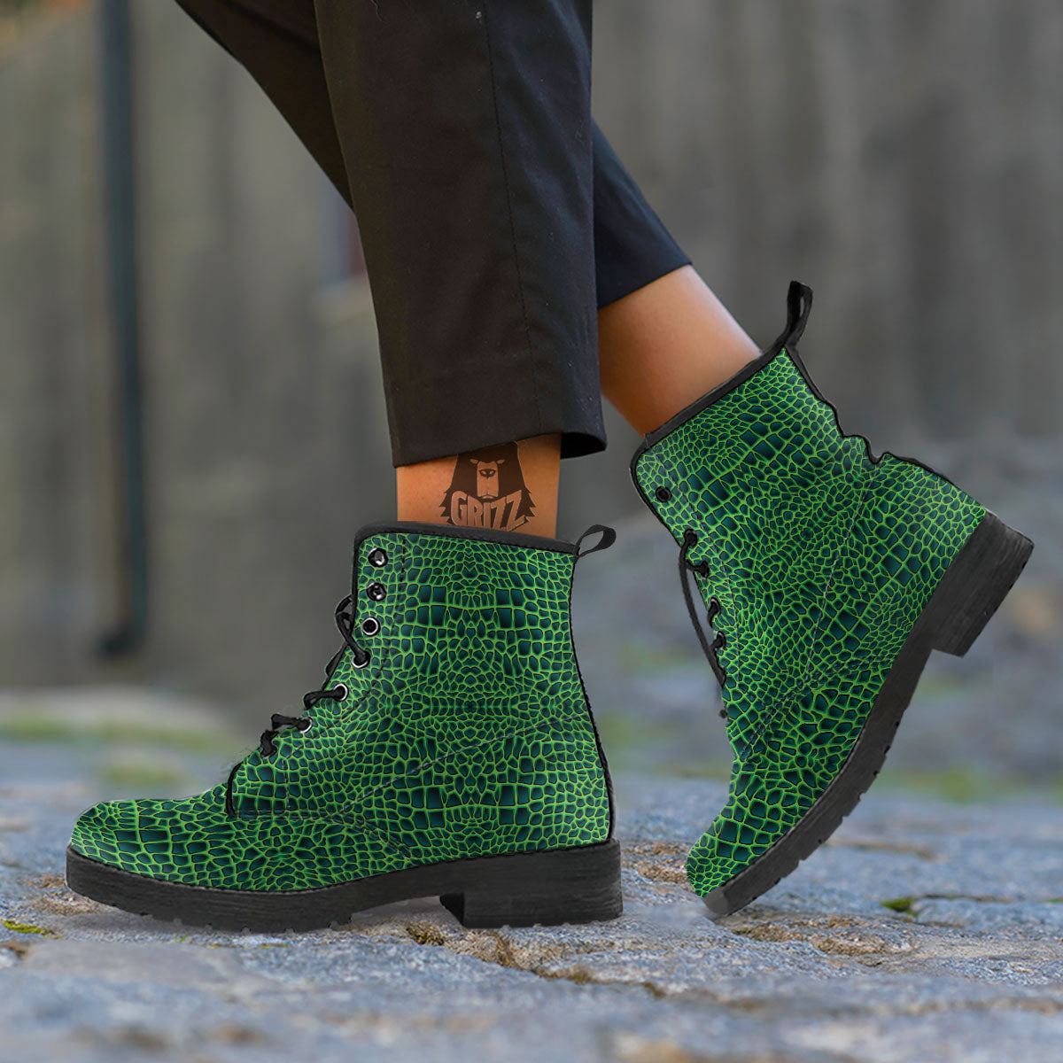 Green Crocodile Leather Skin Print Leather Boots-grizzshop