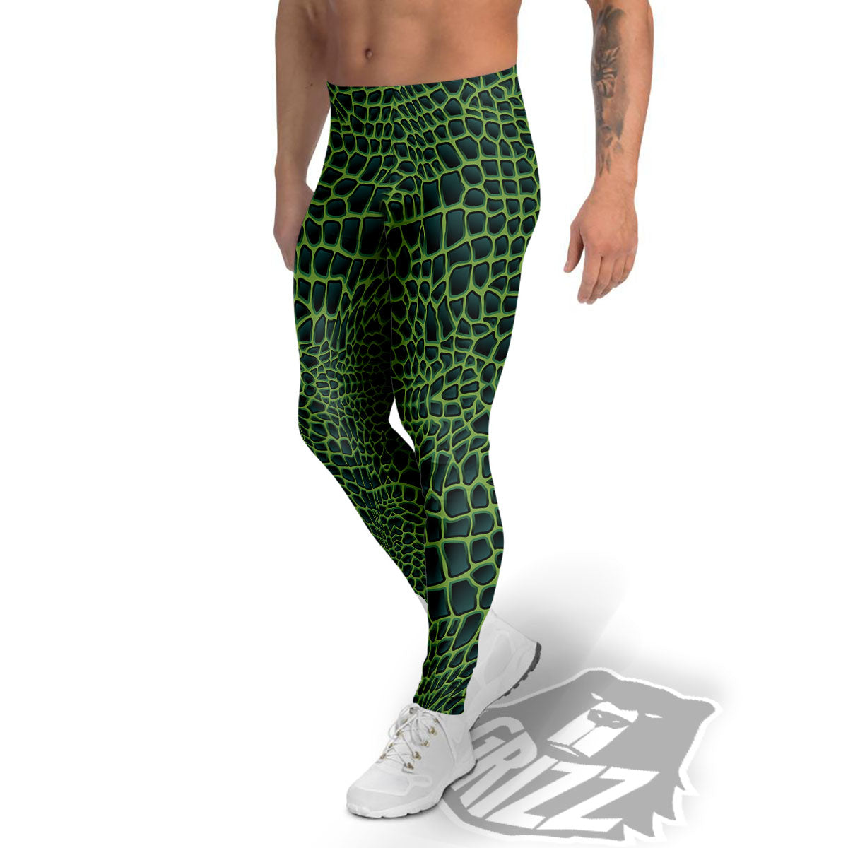 Green Crocodile Leather Skin Print Men's Leggings-grizzshop