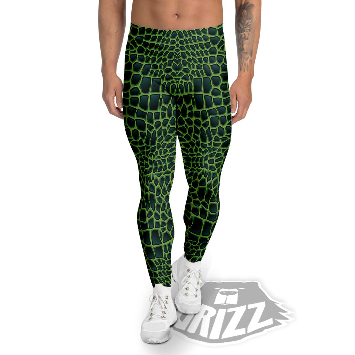 Green Crocodile Leather Skin Print Men's Leggings-grizzshop