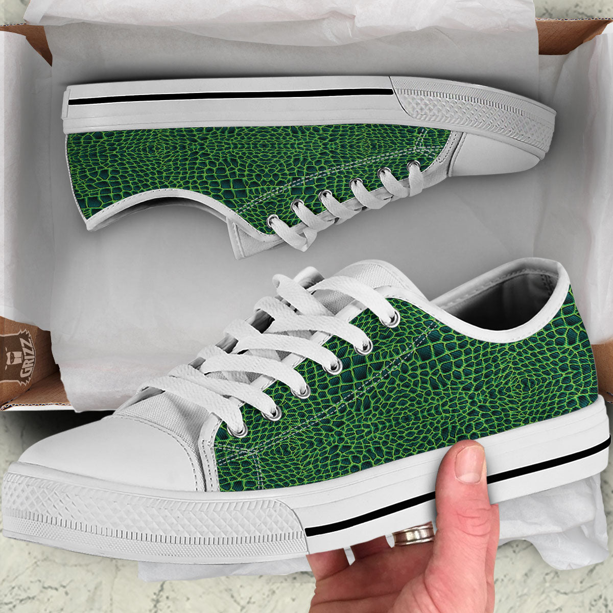 Green Crocodile Leather Skin Print White Low Top Shoes-grizzshop
