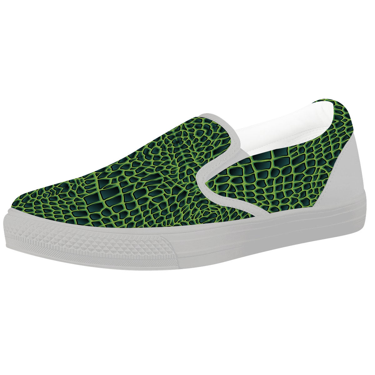 Green Crocodile Leather Skin Print White Slip On Shoes-grizzshop
