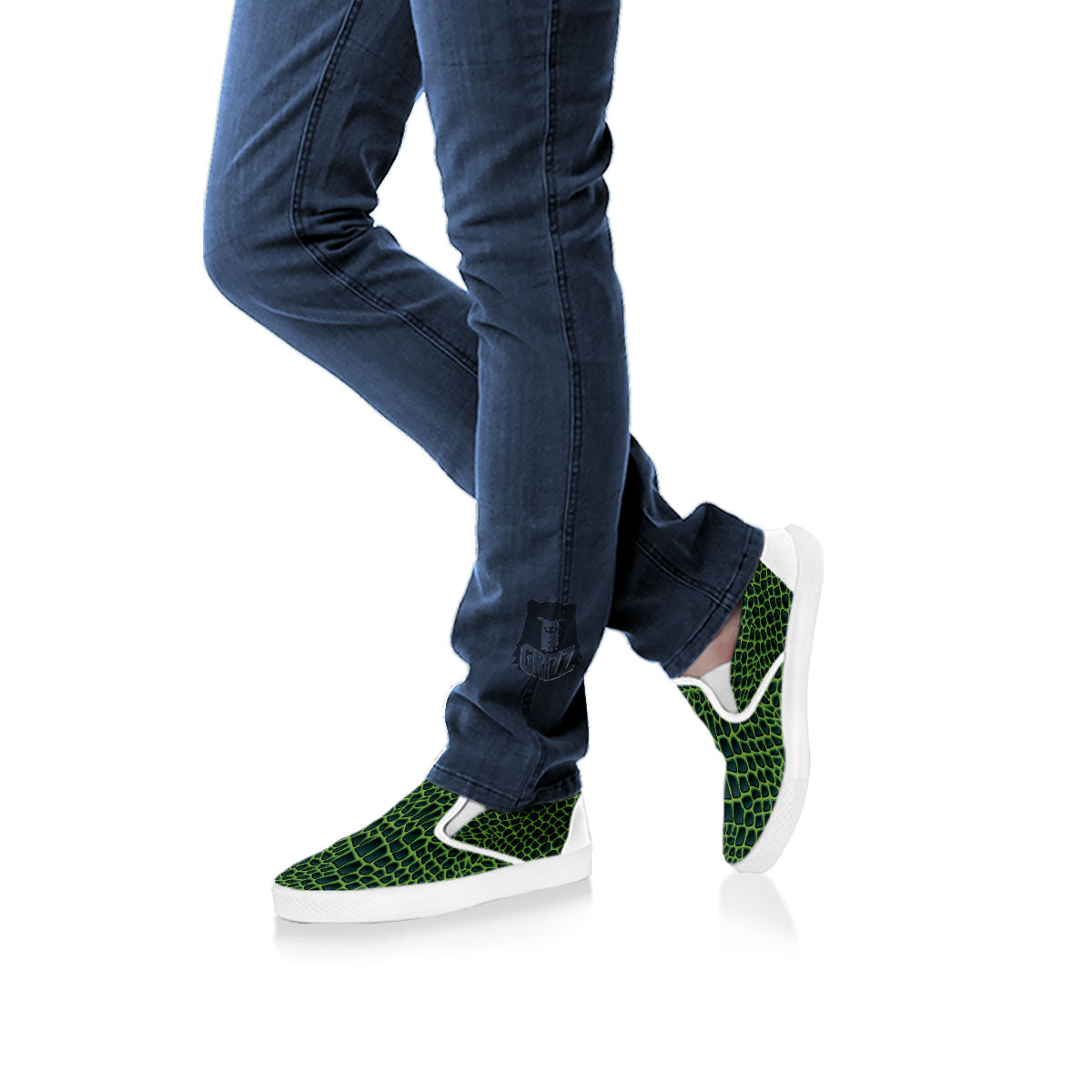 Green Crocodile Leather Skin Print White Slip On Shoes-grizzshop