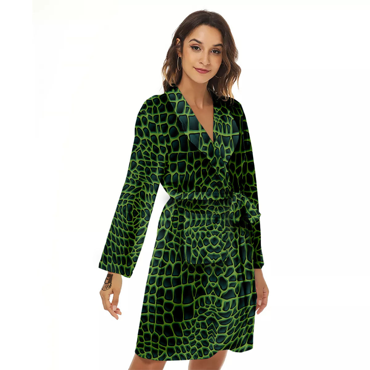 Green Crocodile Leather Skin Print Women's Robe-grizzshop