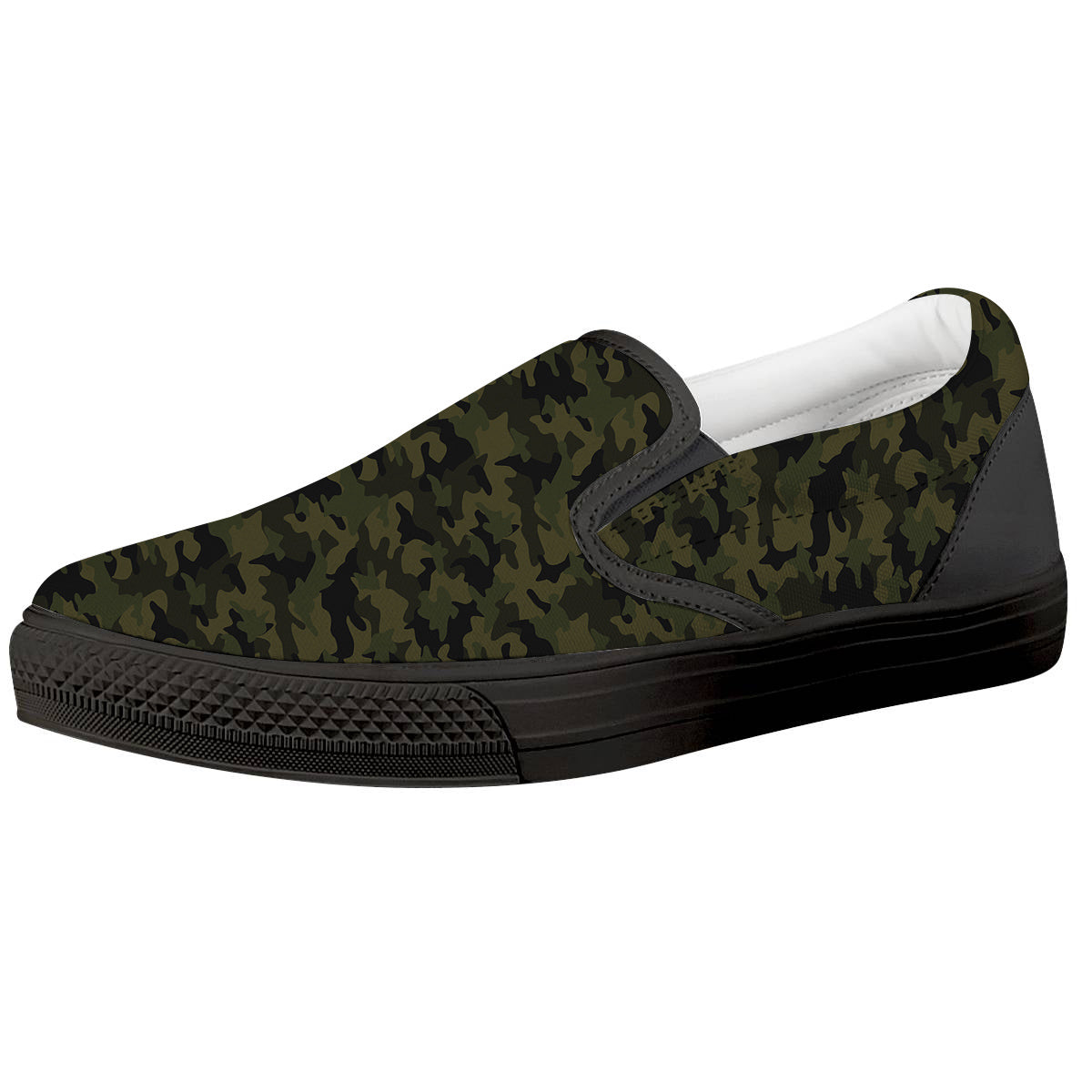 Green Dark And Black Camouflage Print Black Slip On Shoes-grizzshop