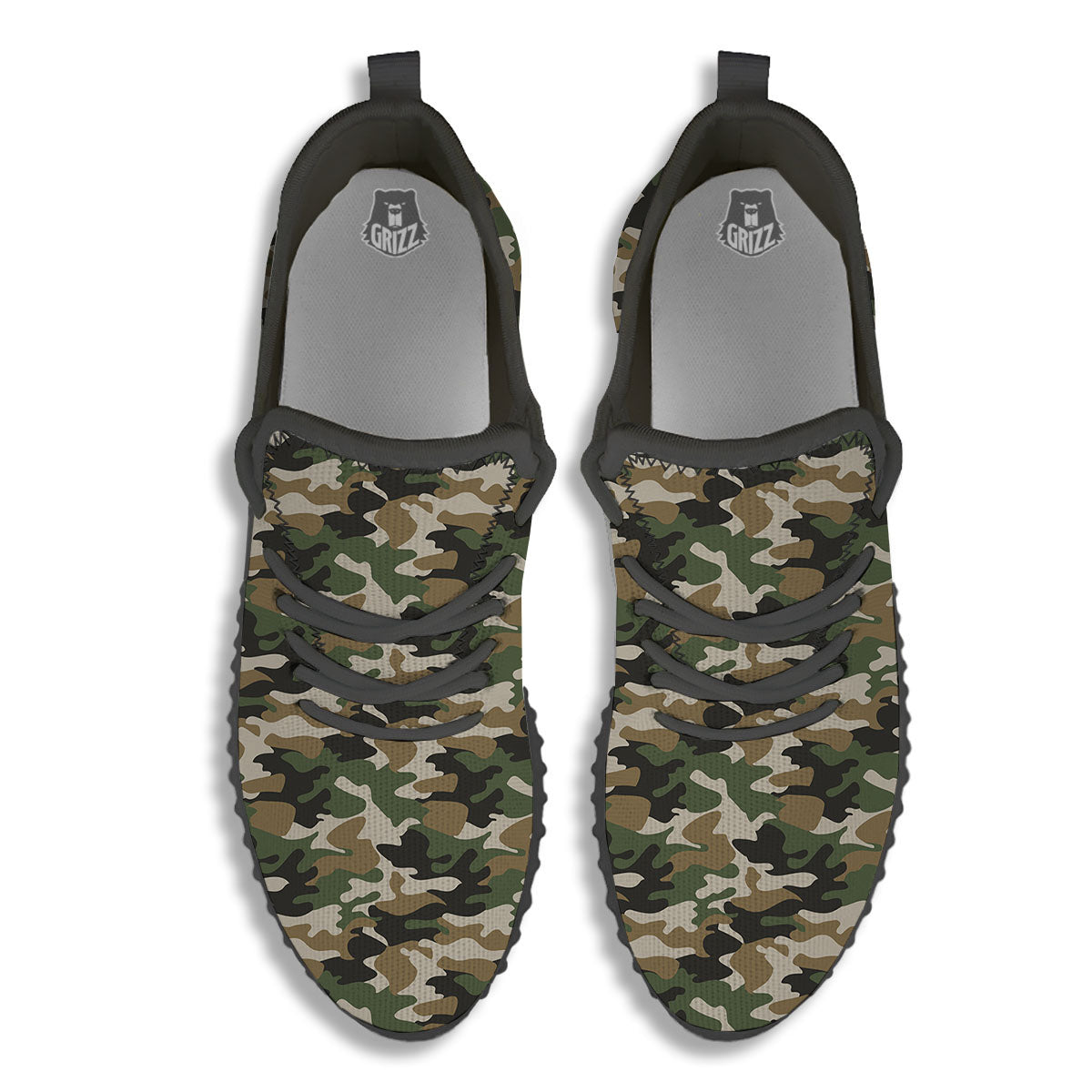 Green Desert Camouflage Print Black Walking Shoes-grizzshop
