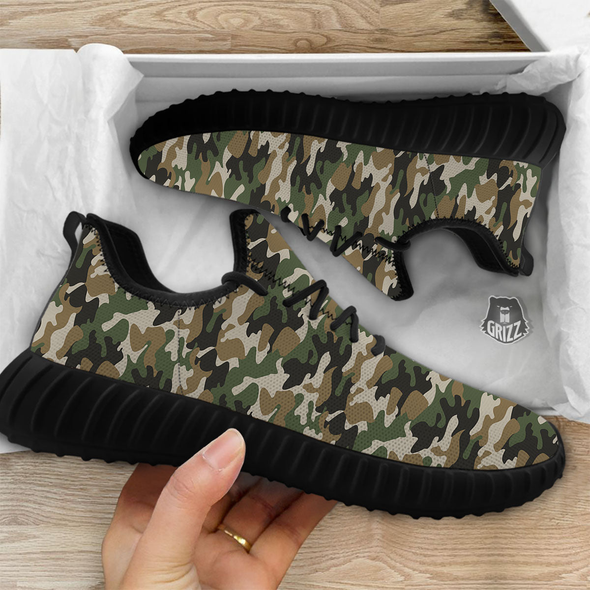Green Desert Camouflage Print Black Walking Shoes-grizzshop