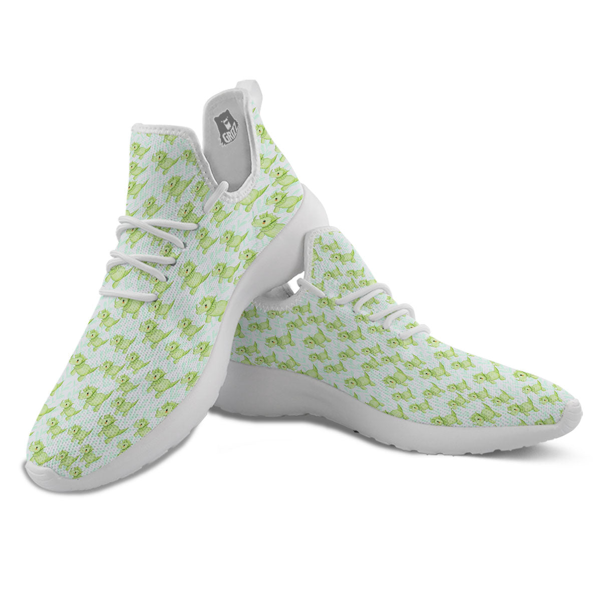 Green Dinosaur Little Print Pattern White Athletic Shoes-grizzshop