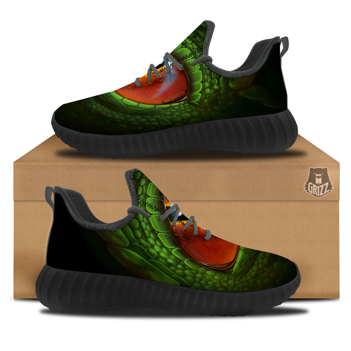 Green Dragon's Eye Print Black Walking Shoes-grizzshop
