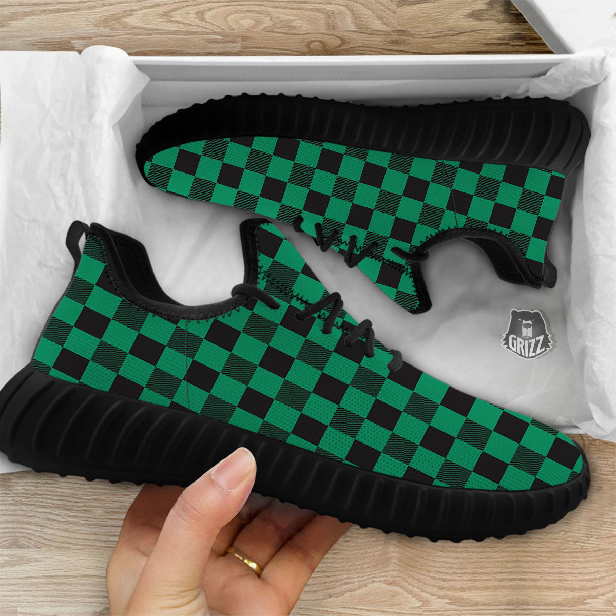 Green Forest And White Checkered Print Black Walking Shoes-grizzshop