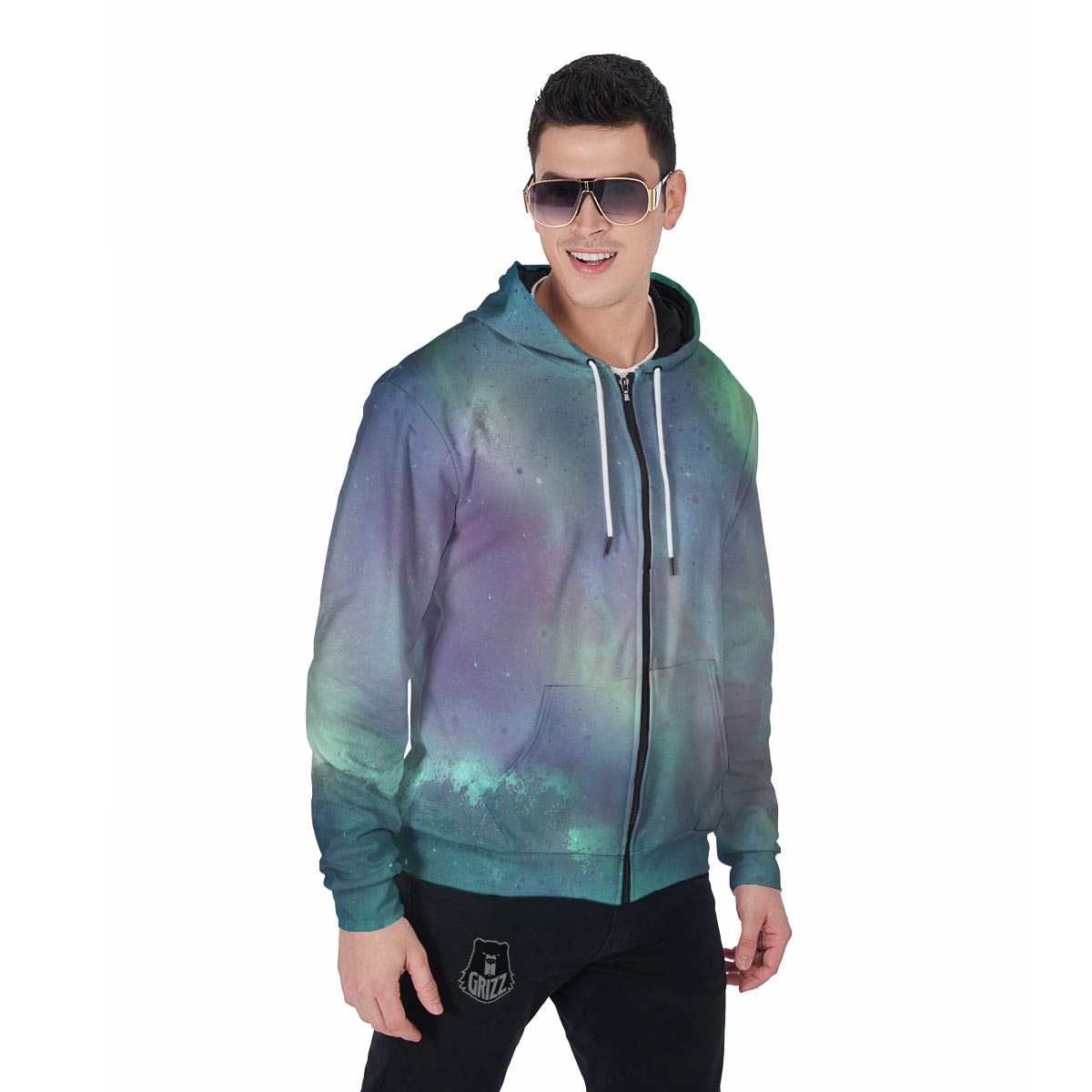Green Galaxy Space Men's Zip Up Hoodie-grizzshop