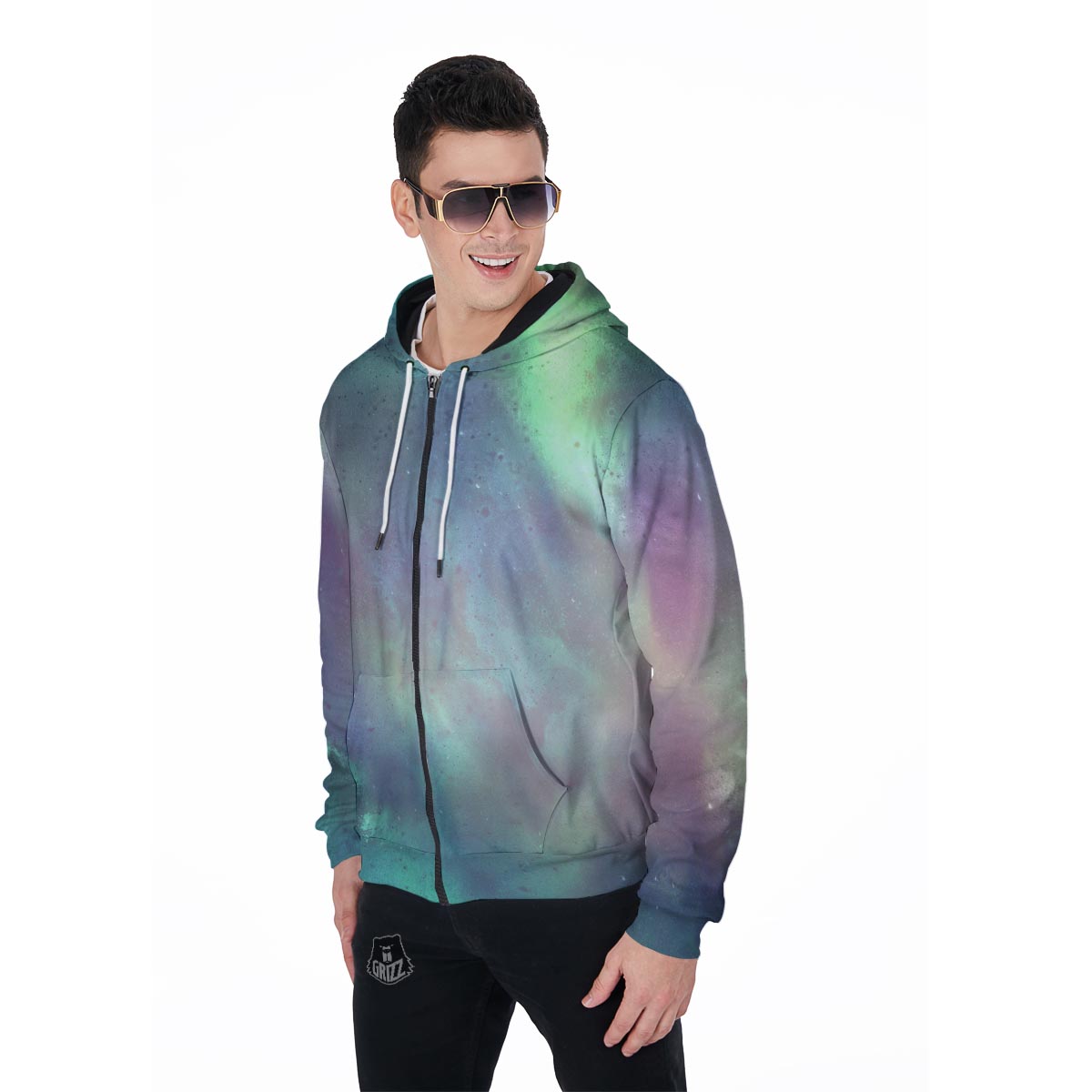Green Galaxy Space Men's Zip Up Hoodie-grizzshop