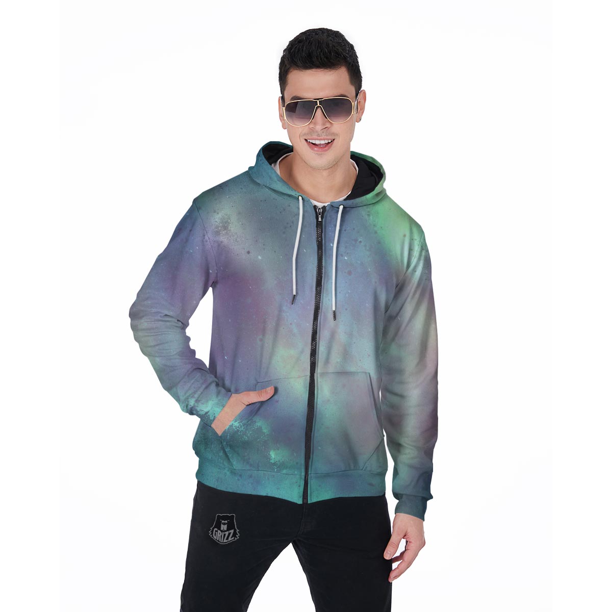 Green Galaxy Space Men's Zip Up Hoodie-grizzshop