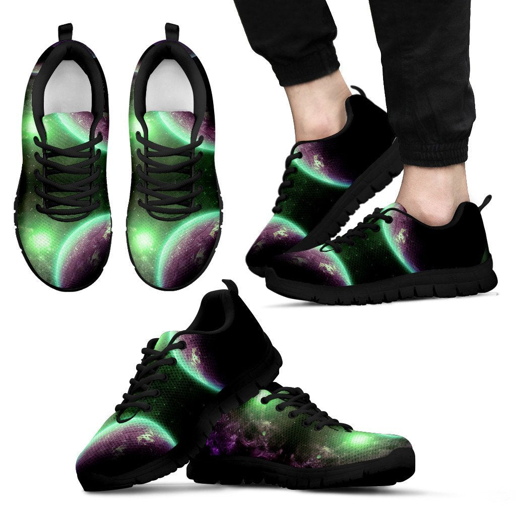 Green Galaxy Space Moon Earth Print Black Sneaker Shoes For Men Women-grizzshop