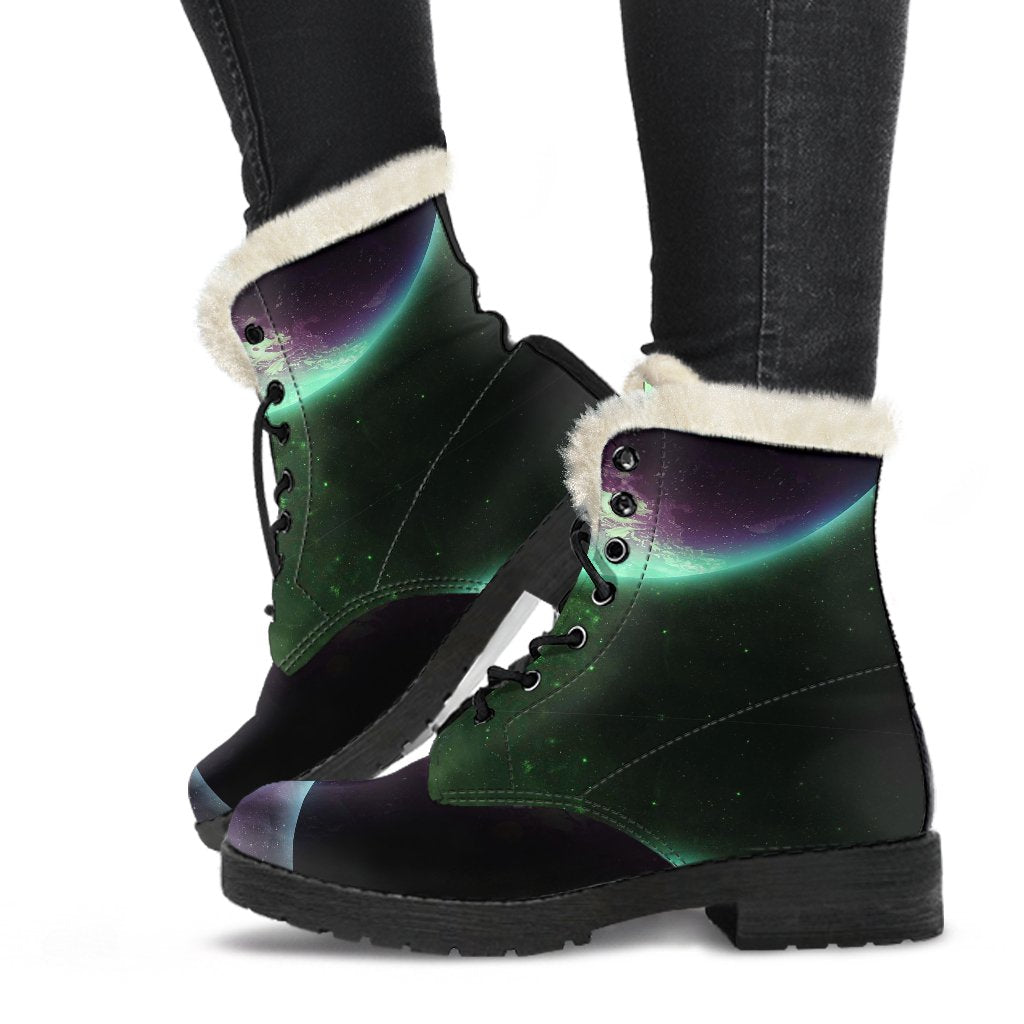 Green Galaxy Space Moon Earth Print Comfy Winter Boots-grizzshop