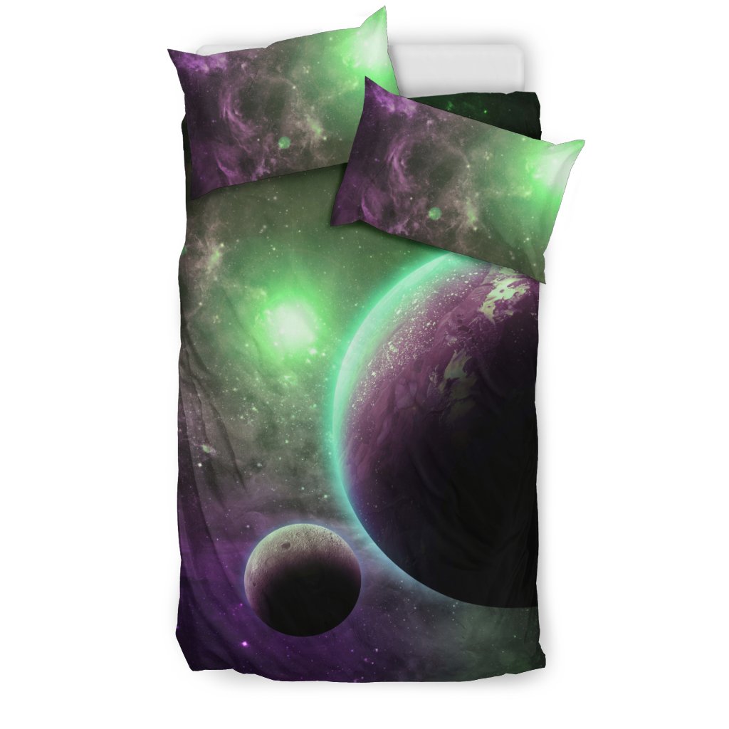 Green Galaxy Space Moon Earth Print Duvet Cover Bedding Set-grizzshop