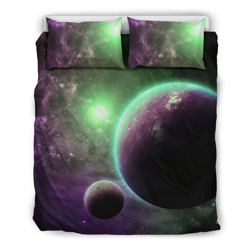 Green Galaxy Space Moon Earth Print Duvet Cover Bedding Set-grizzshop
