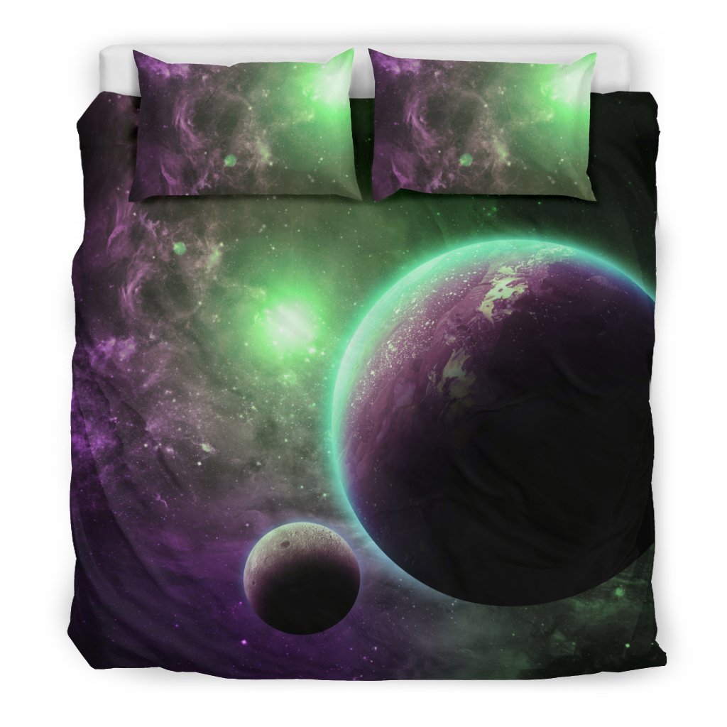 Green Galaxy Space Moon Earth Print Duvet Cover Bedding Set-grizzshop