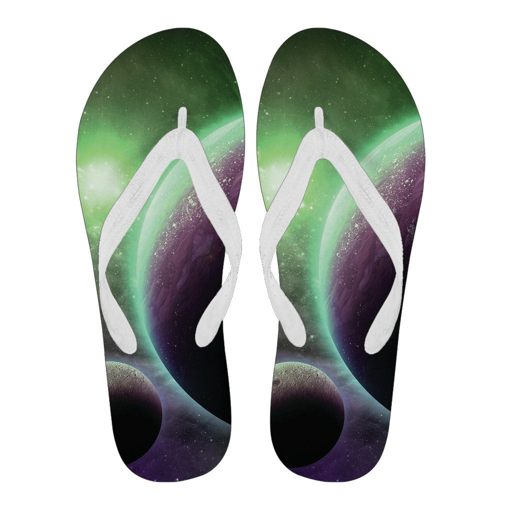 Green Galaxy Space Moon Earth Print Men & Women Flip Flops-grizzshop