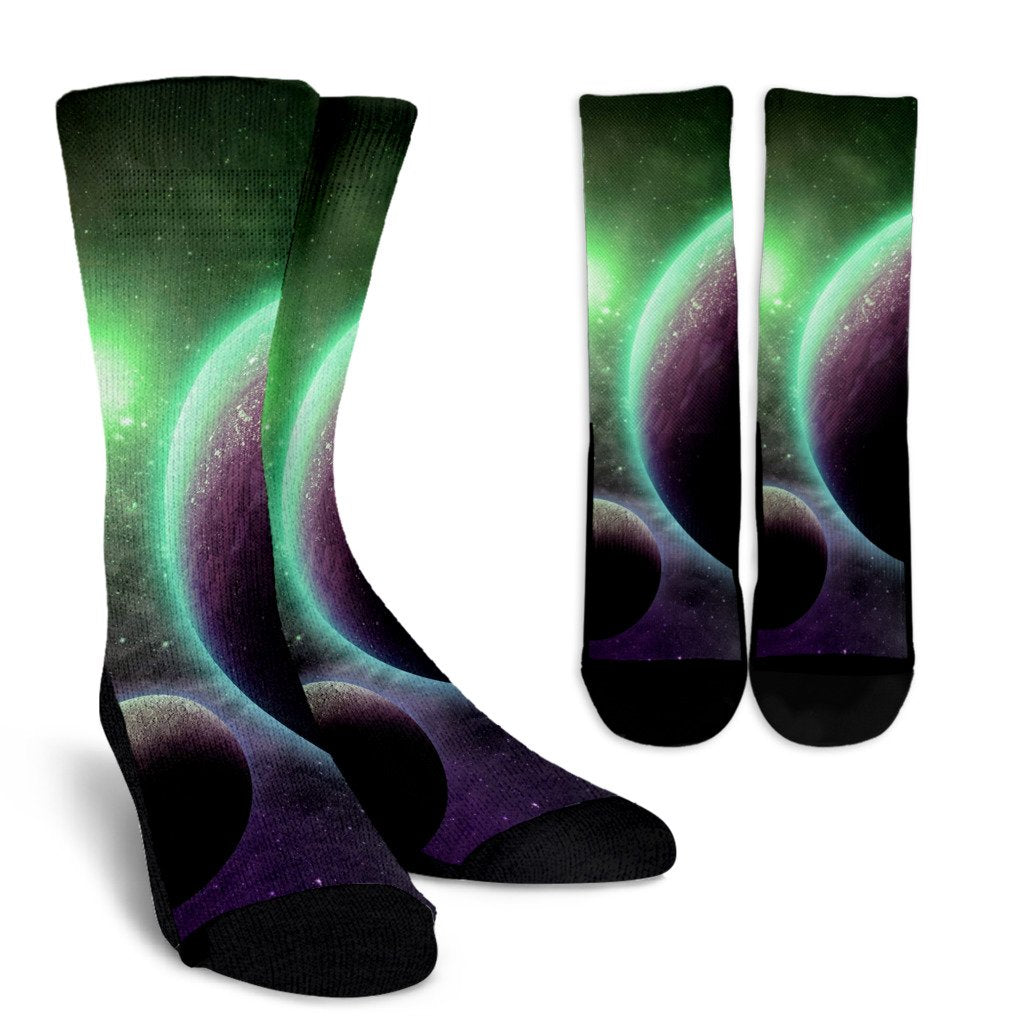 Green Galaxy Space Moon Earth Print Unisex Crew Socks-grizzshop