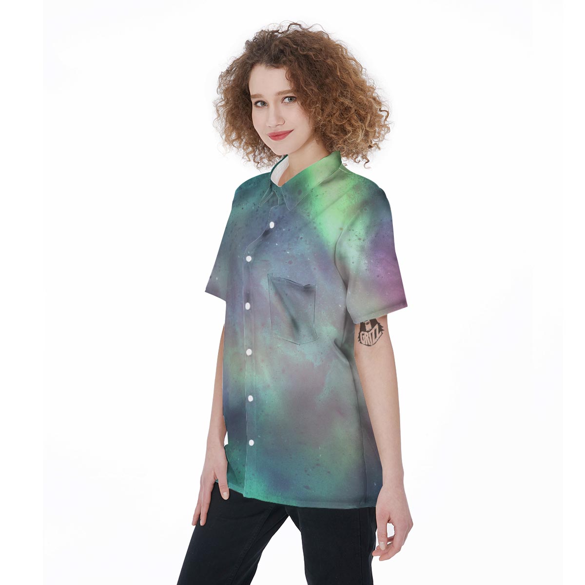 Green Galaxy Space Women's Short Sleeve Shirts-grizzshop