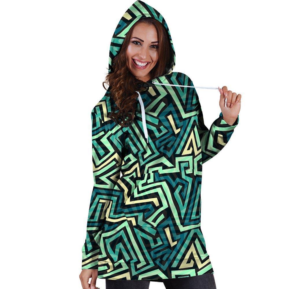 Green Geometric Abstract Hoodie Dress-grizzshop