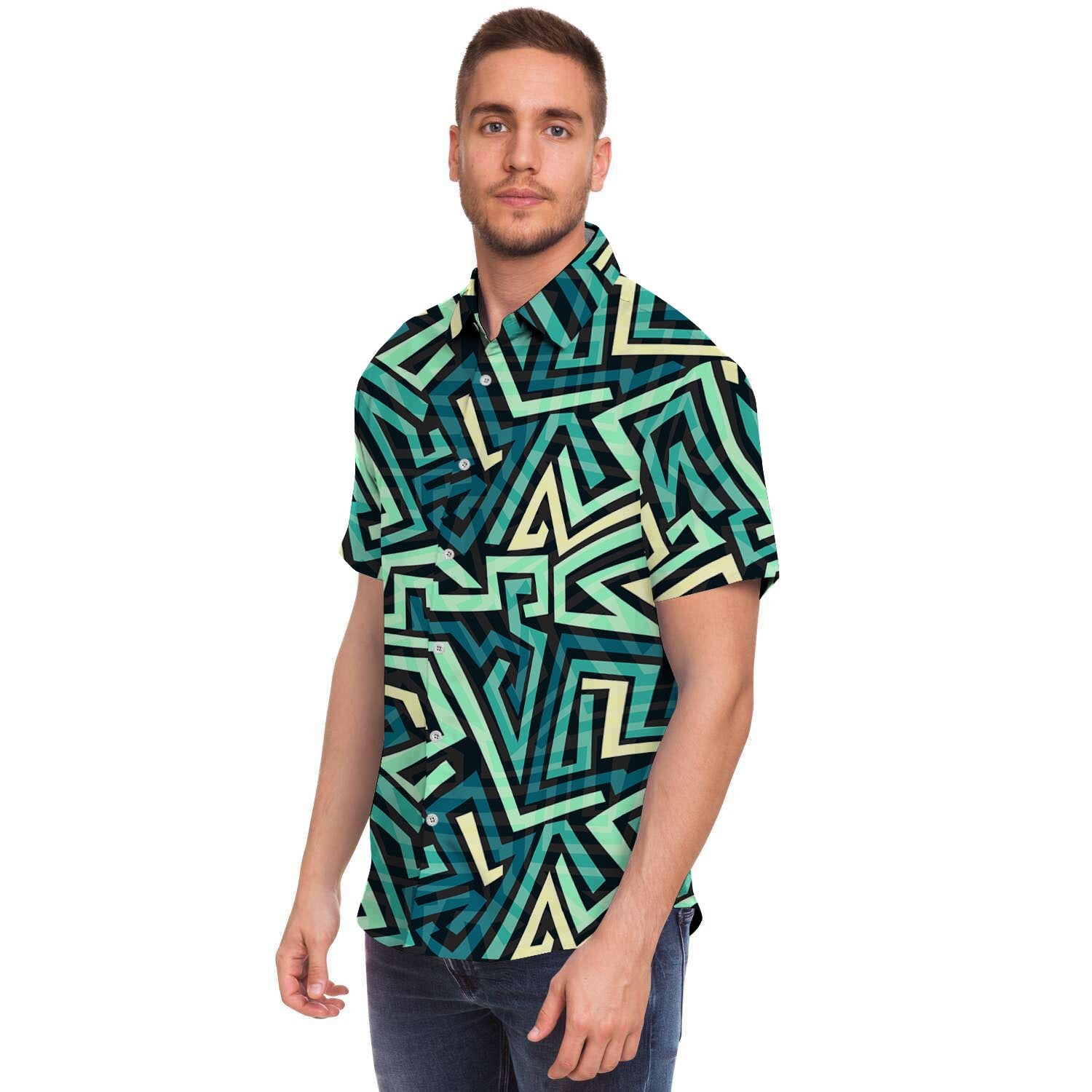 Green Geometric Abstract Men's Short Sleeve Shirt-grizzshop