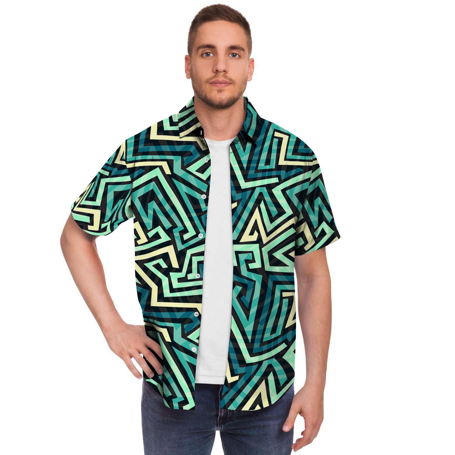 Green Geometric Abstract Men's Short Sleeve Shirt-grizzshop
