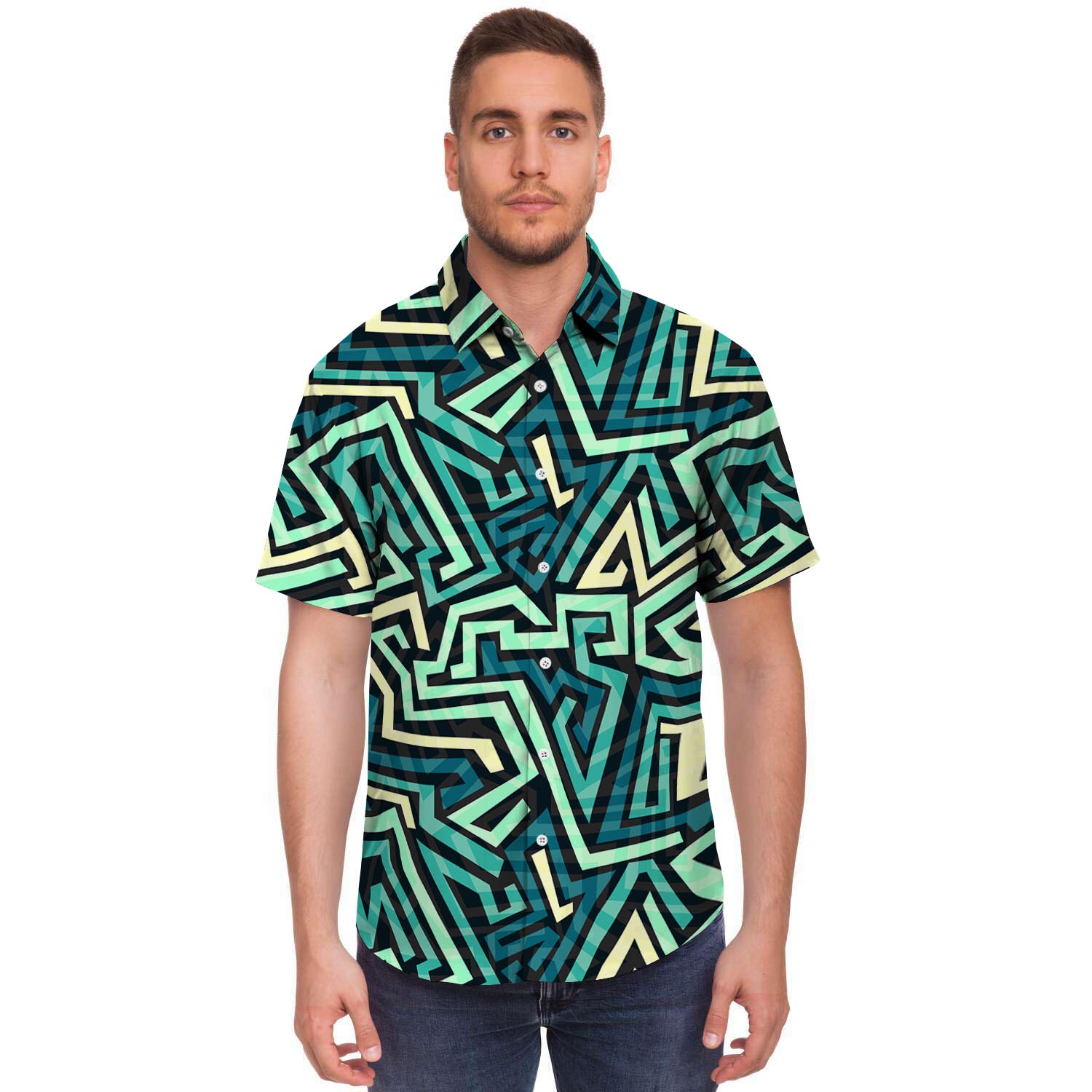 Green Geometric Abstract Men's Short Sleeve Shirt-grizzshop