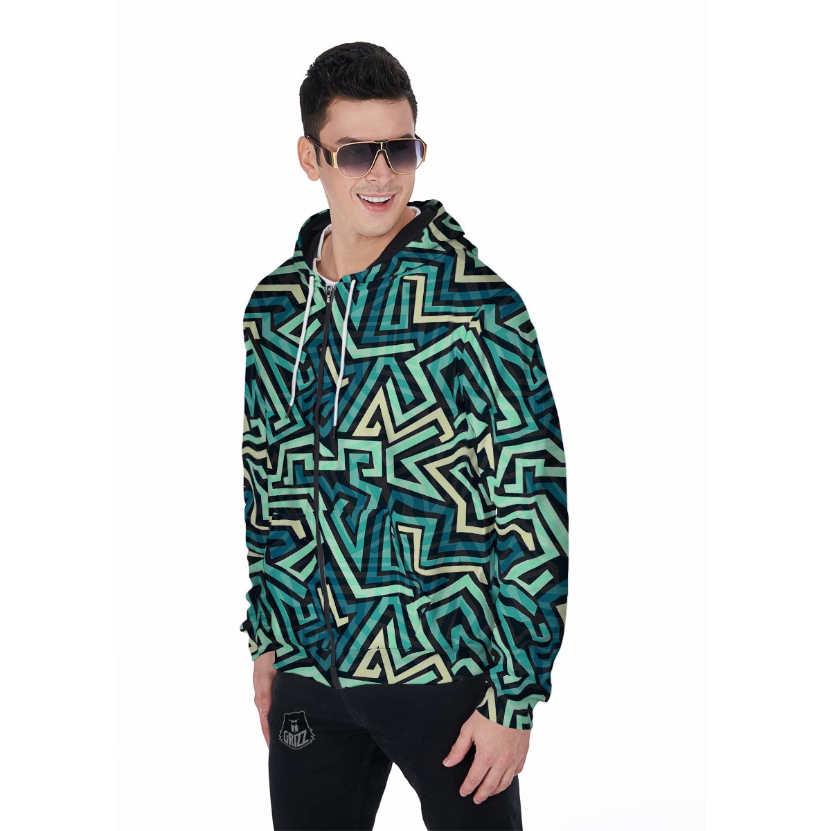 Green Geometric Abstract Men's Zip Up Hoodie-grizzshop