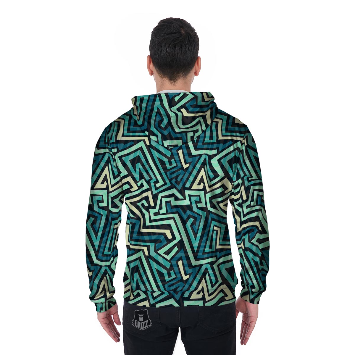 Green Geometric Abstract Men's Zip Up Hoodie-grizzshop