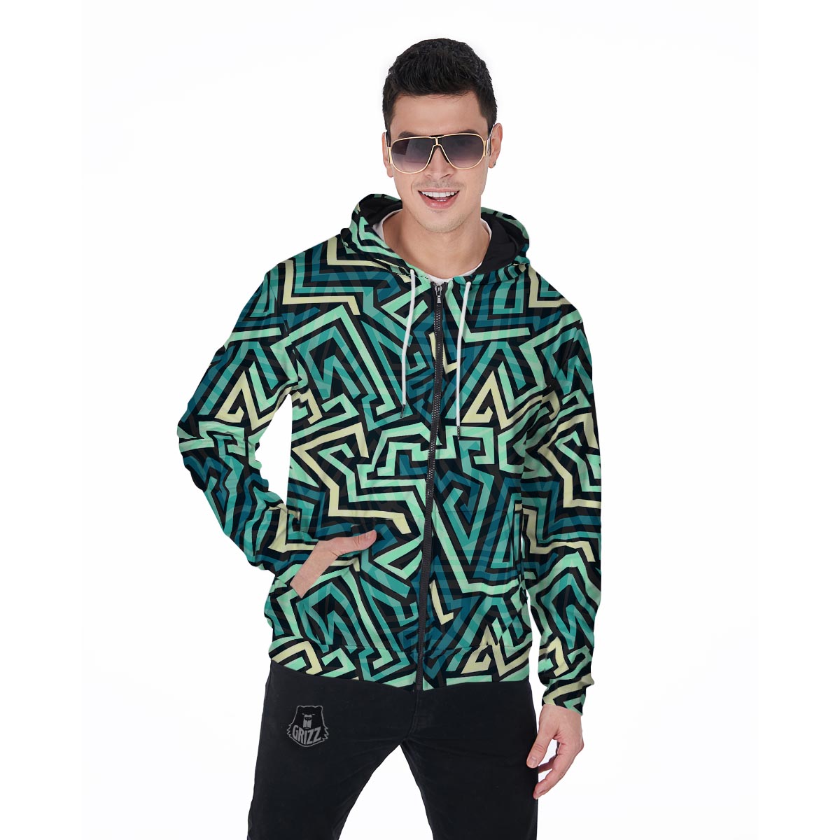 Green Geometric Abstract Men's Zip Up Hoodie-grizzshop