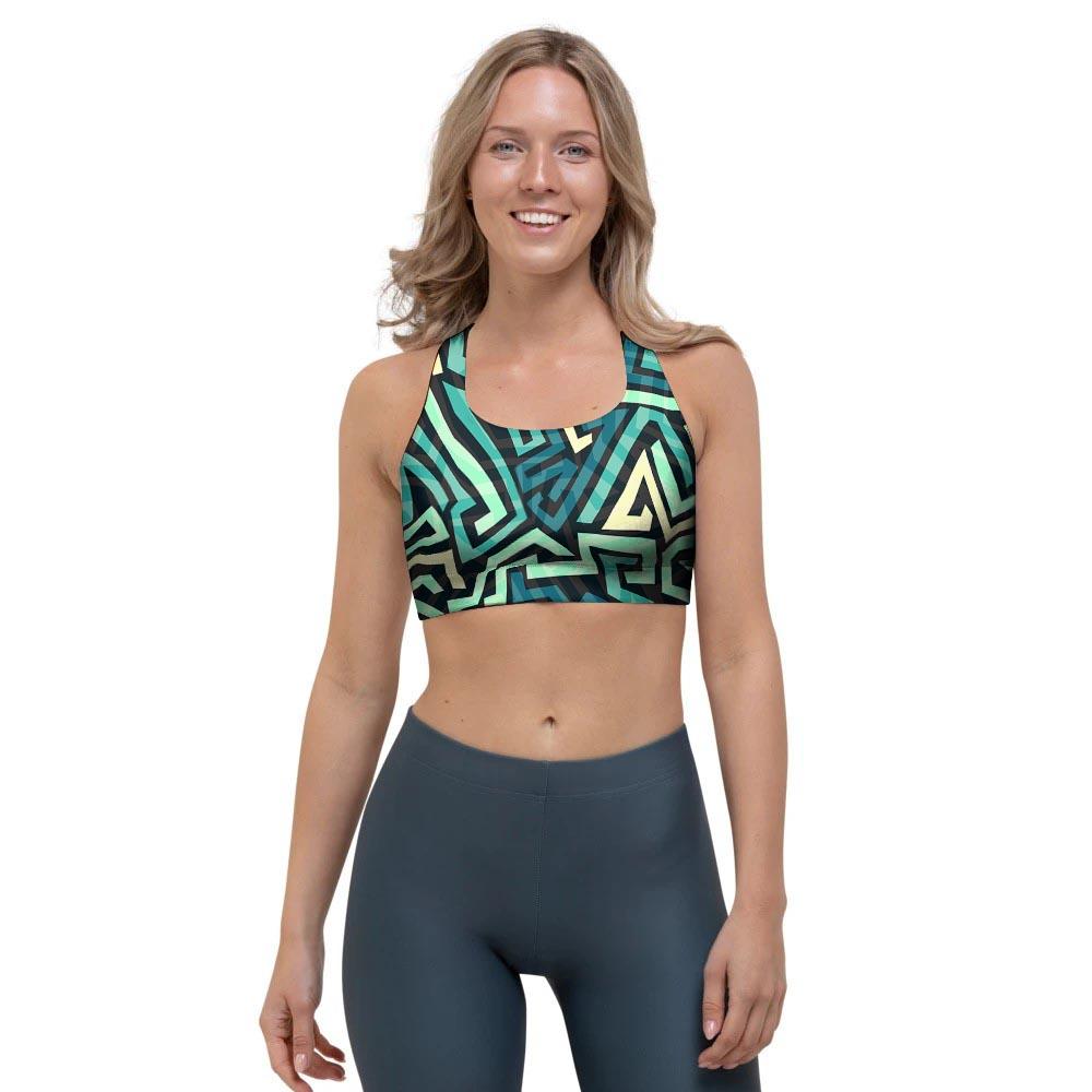 Green Geometric Abstract Sports Bra-grizzshop