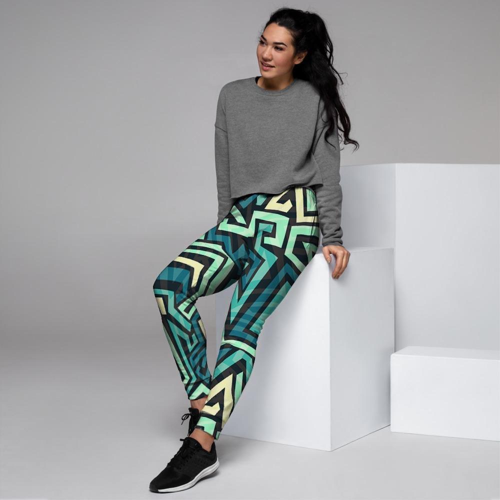 Green Geometric Abstract Women's Joggers-grizzshop