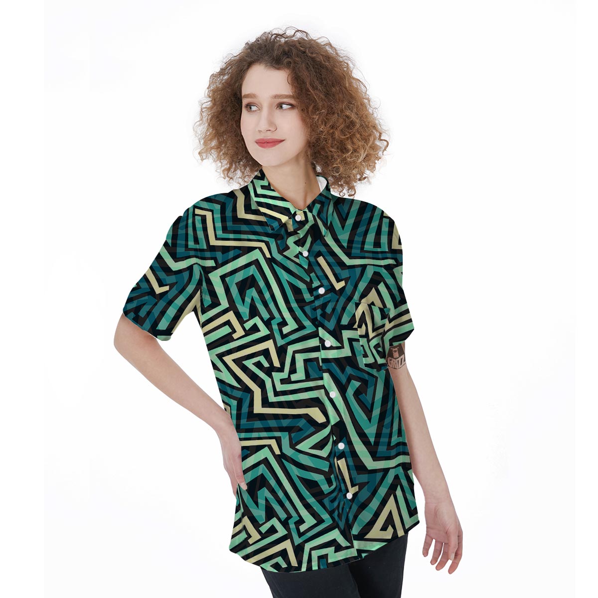 Green Geometric Abstract Women's Short Sleeve Shirts-grizzshop