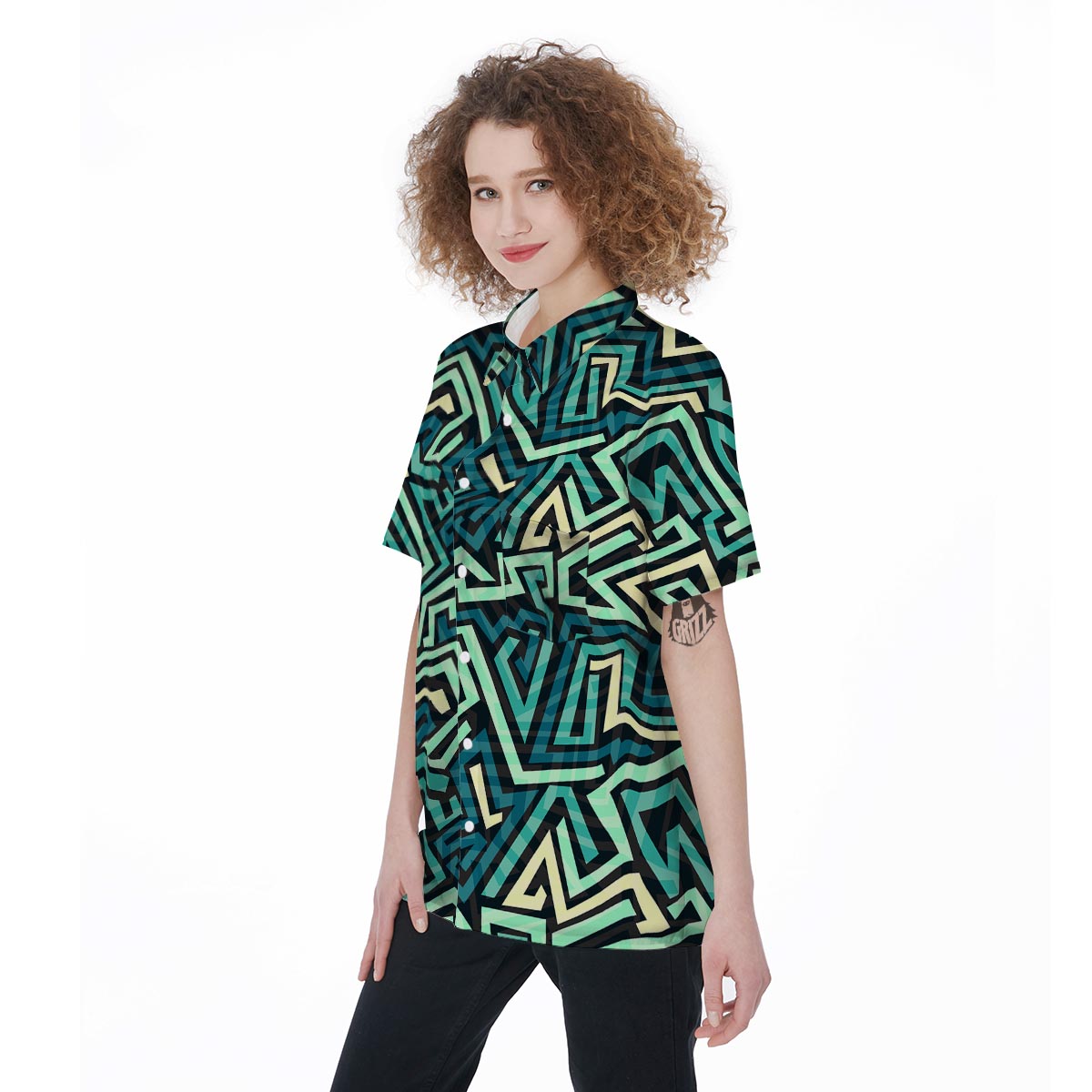 Green Geometric Abstract Women's Short Sleeve Shirts-grizzshop