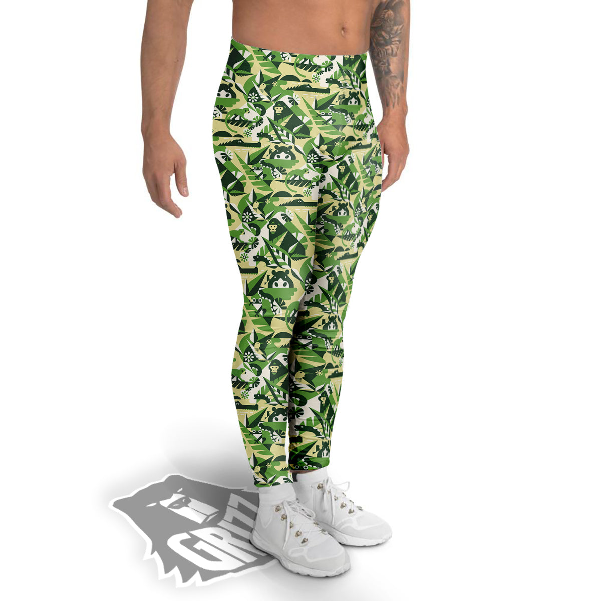 Green Geometric African Jungle Print Pattern Men's Leggings-grizzshop