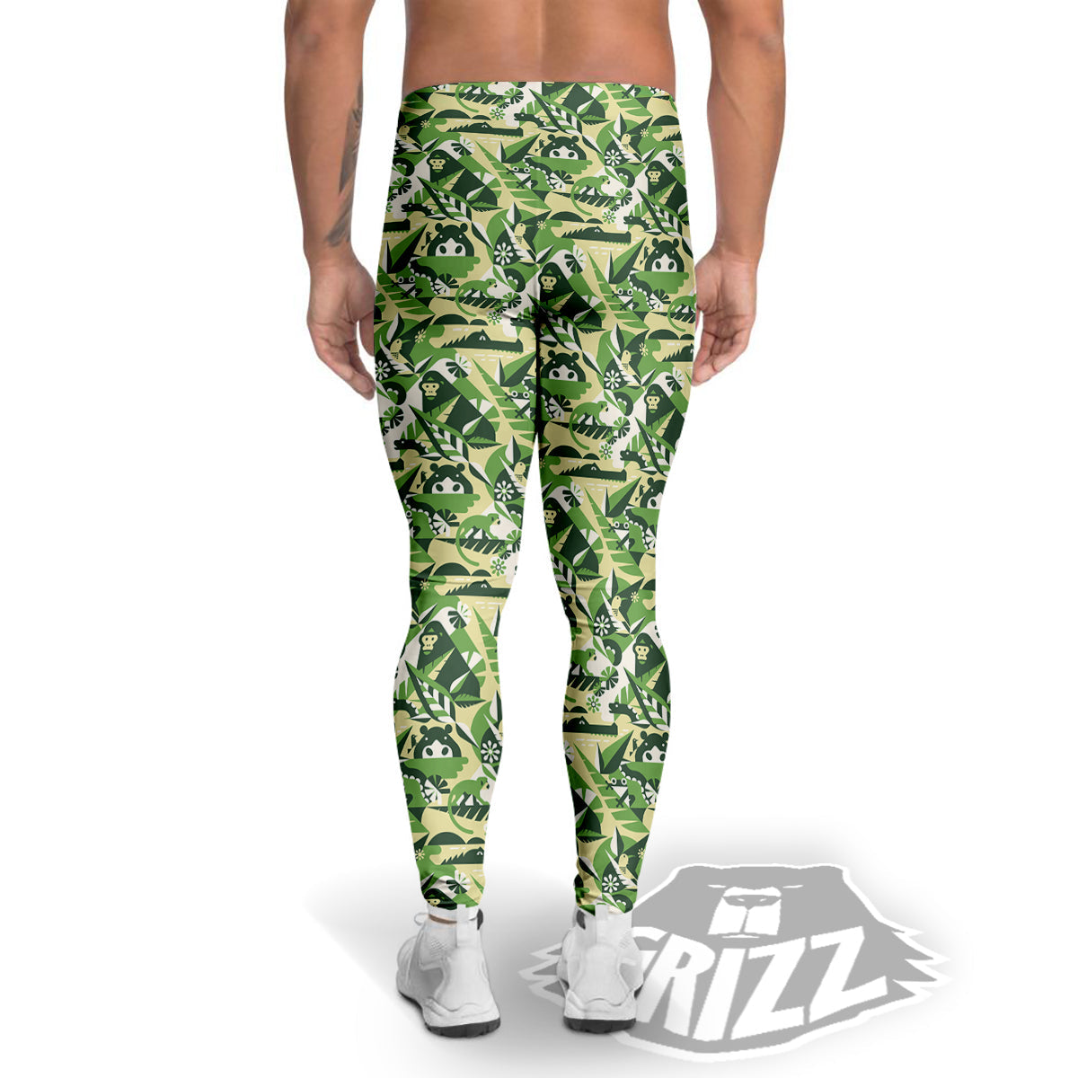 Green Geometric African Jungle Print Pattern Men's Leggings-grizzshop