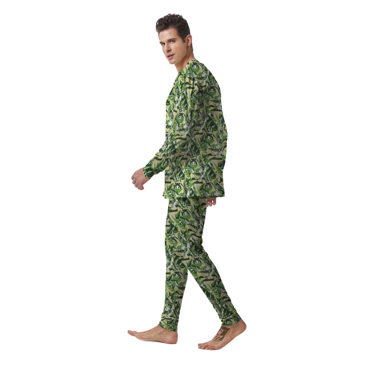 Green Geometric African Jungle Print Pattern Men's Pajamas-grizzshop