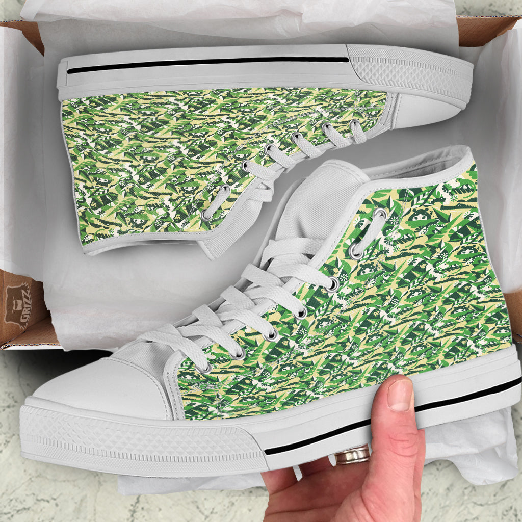 Green Geometric African Jungle Print Pattern White High Top Shoes-grizzshop