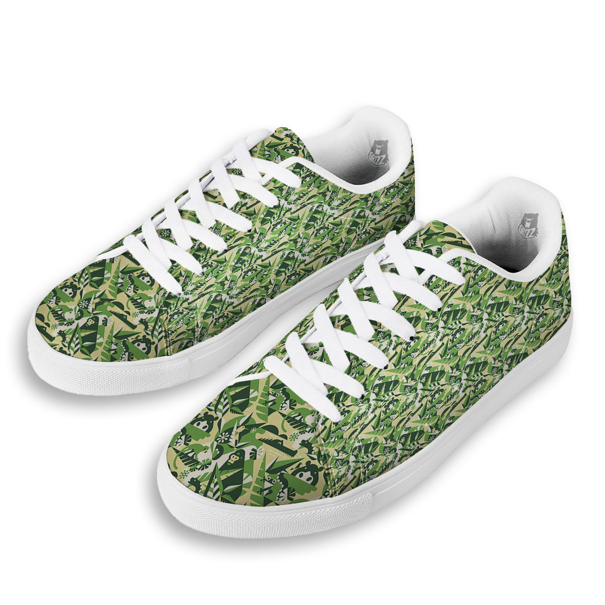 Green Geometric African Jungle Print Pattern White Low Top Sneakers-grizzshop