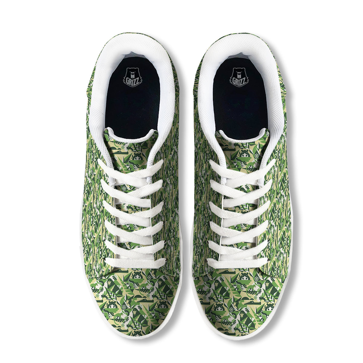 Green Geometric African Jungle Print Pattern White Low Top Sneakers-grizzshop