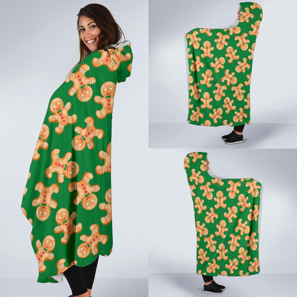 Green Gingerbread Man Chirstmas Pattern Print Hooded Blanket-grizzshop