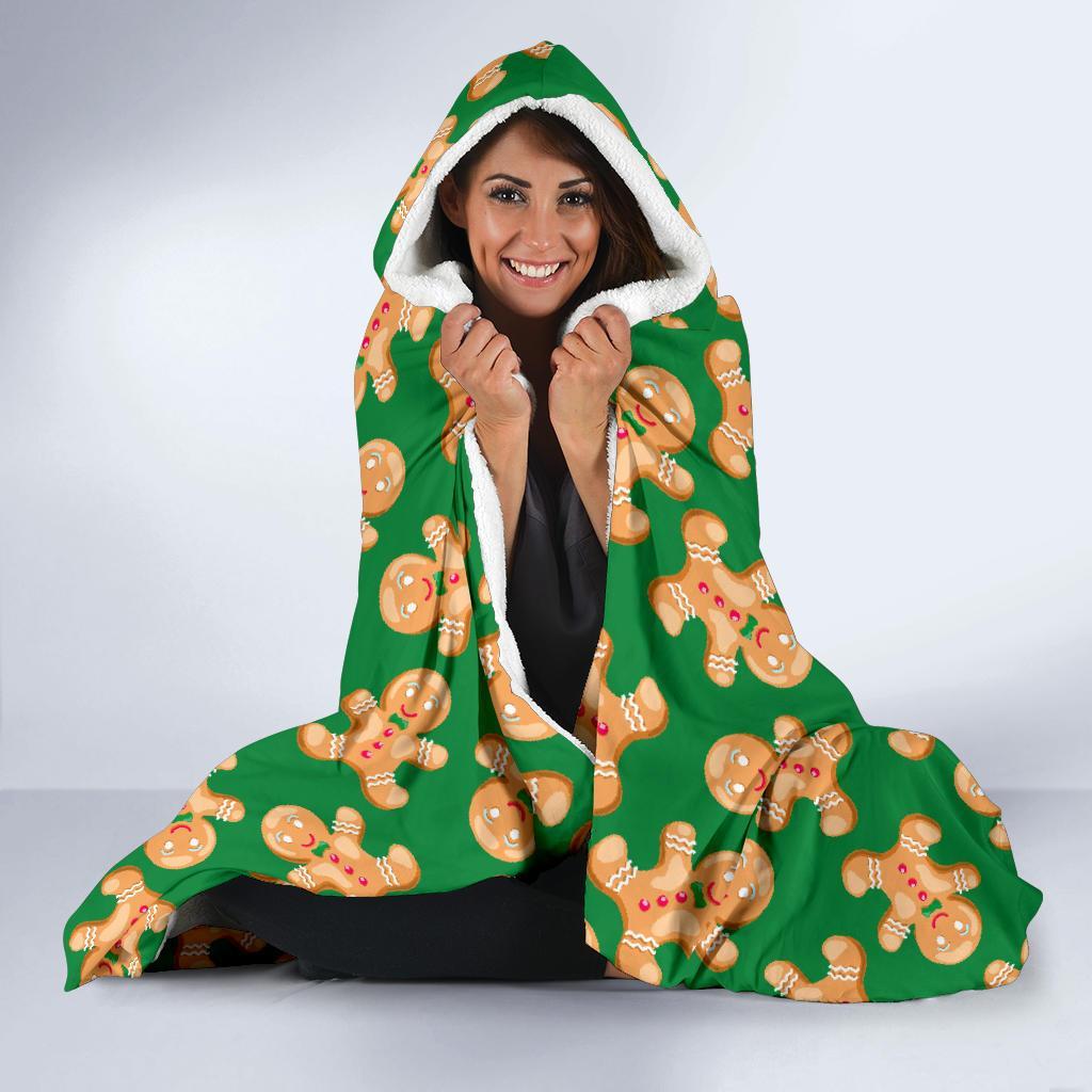 Green Gingerbread Man Chirstmas Pattern Print Hooded Blanket-grizzshop