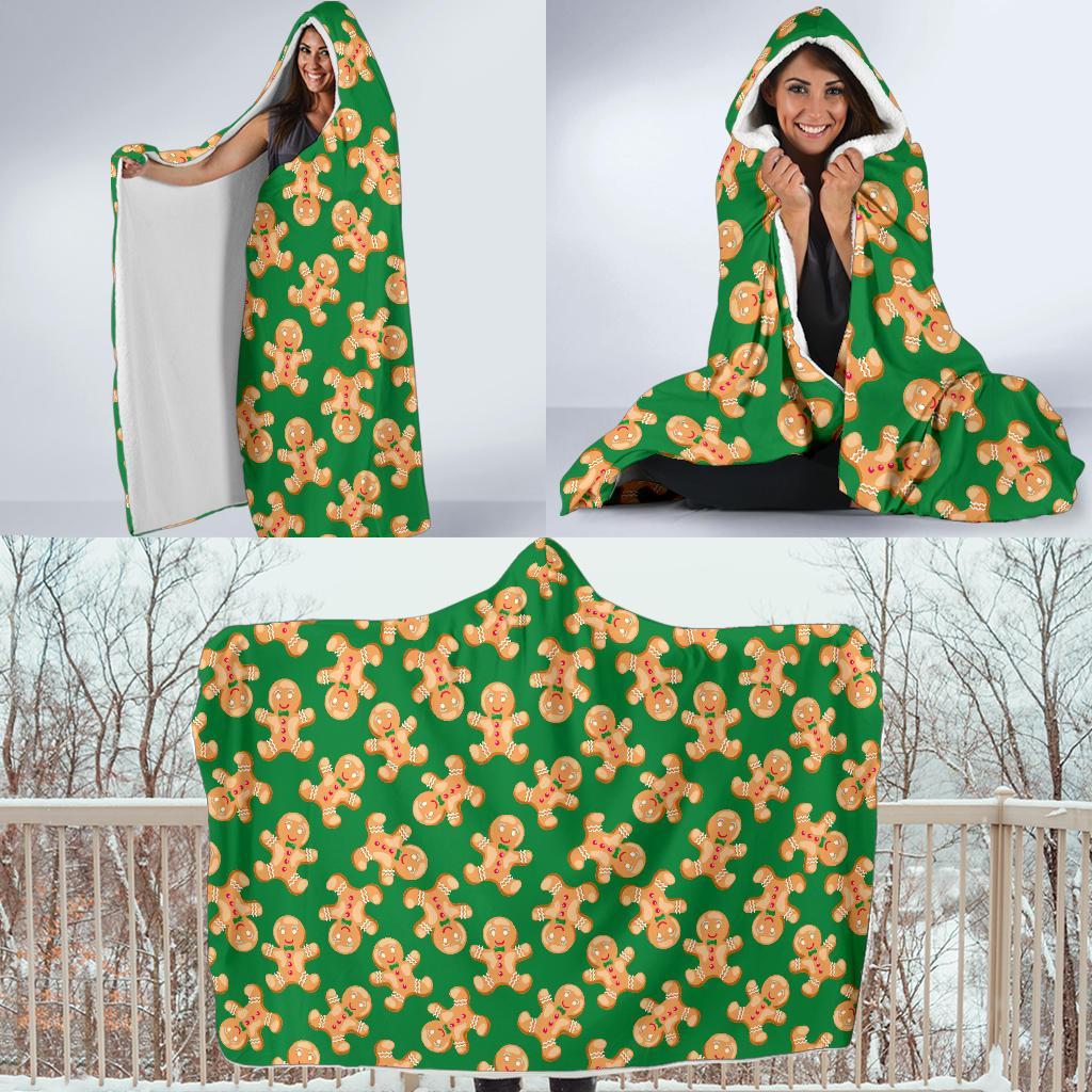 Green Gingerbread Man Chirstmas Pattern Print Hooded Blanket-grizzshop