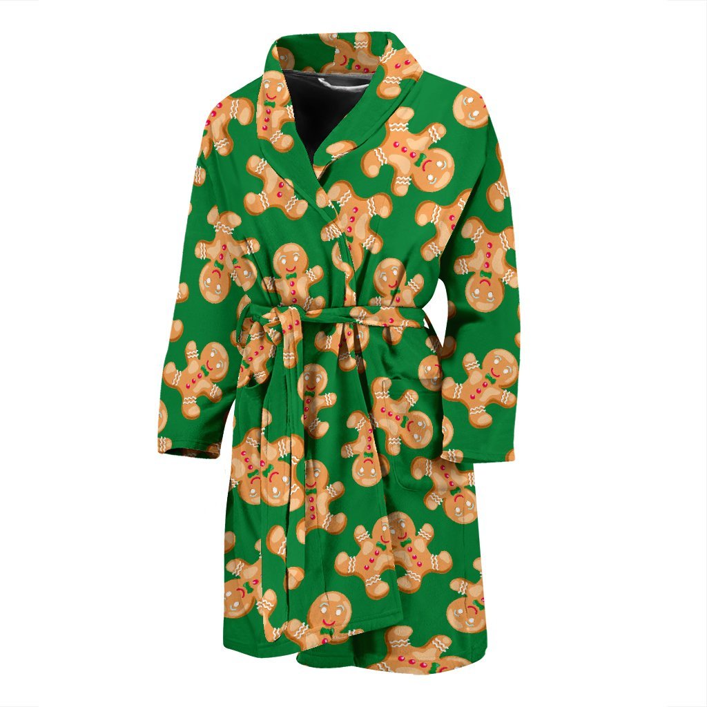Green Gingerbread Man Chirstmas Pattern Print Men Long Robe-grizzshop