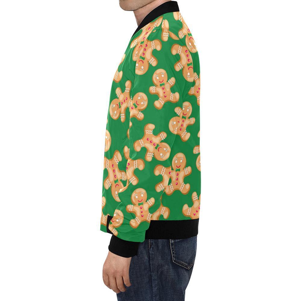 Green Gingerbread Man Chirstmas Pattern Print Men's Bomber Jacket-grizzshop