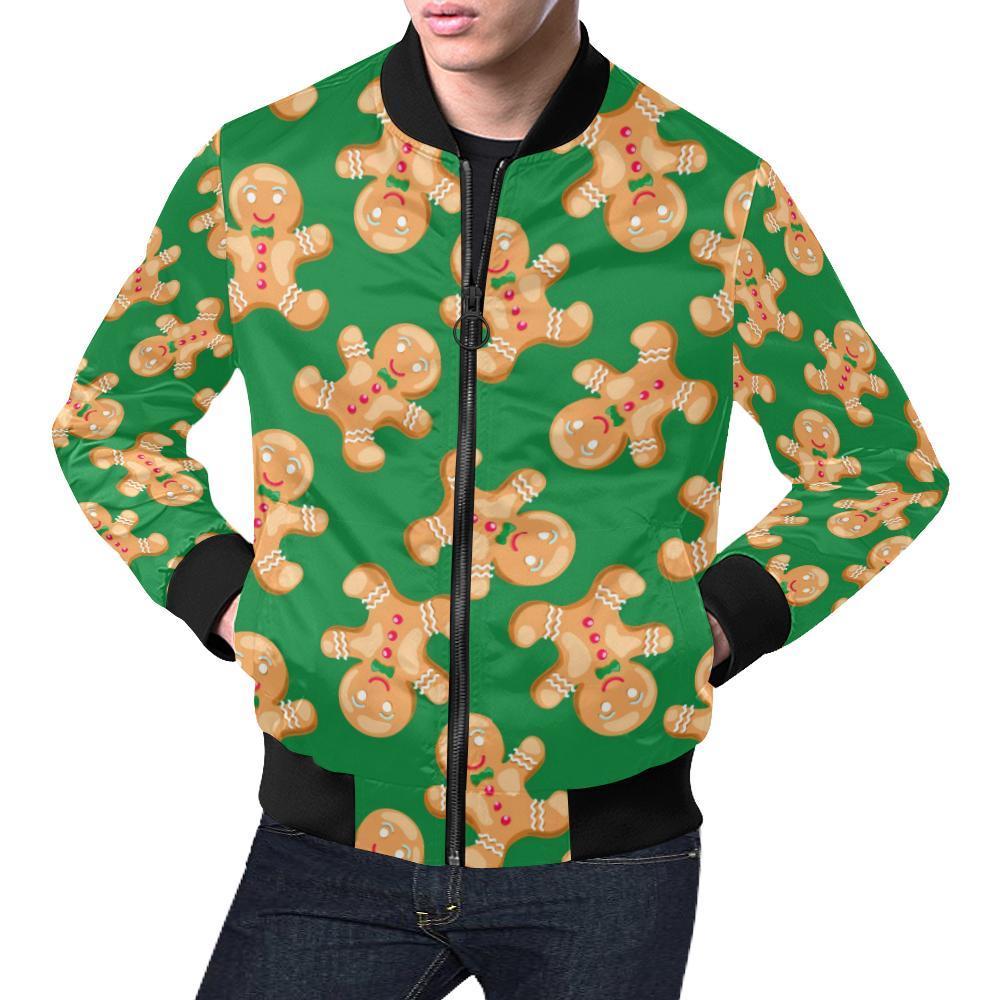 Green Gingerbread Man Chirstmas Pattern Print Men's Bomber Jacket-grizzshop