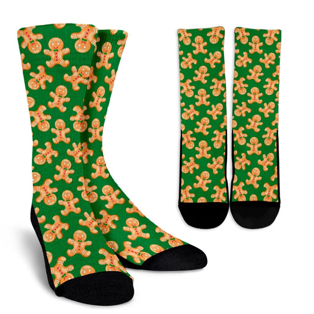 Green Gingerbread Man Chirstmas Pattern Print Unisex Crew Socks-grizzshop