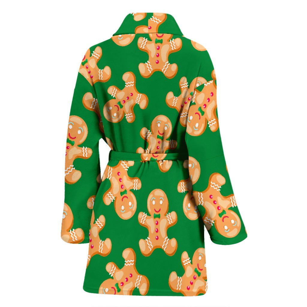 Green Gingerbread Man Chirstmas Pattern Print Women Long Robe-grizzshop