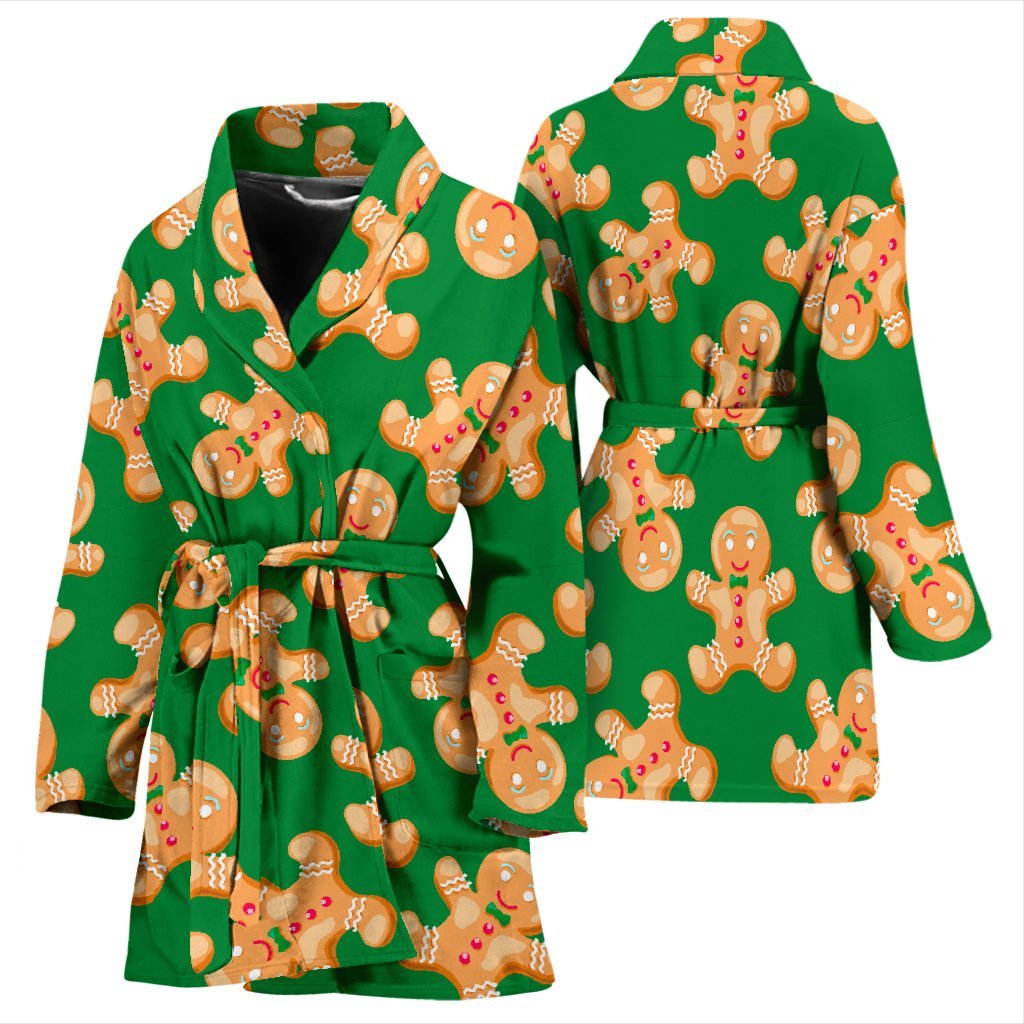 Green Gingerbread Man Chirstmas Pattern Print Women Long Robe-grizzshop